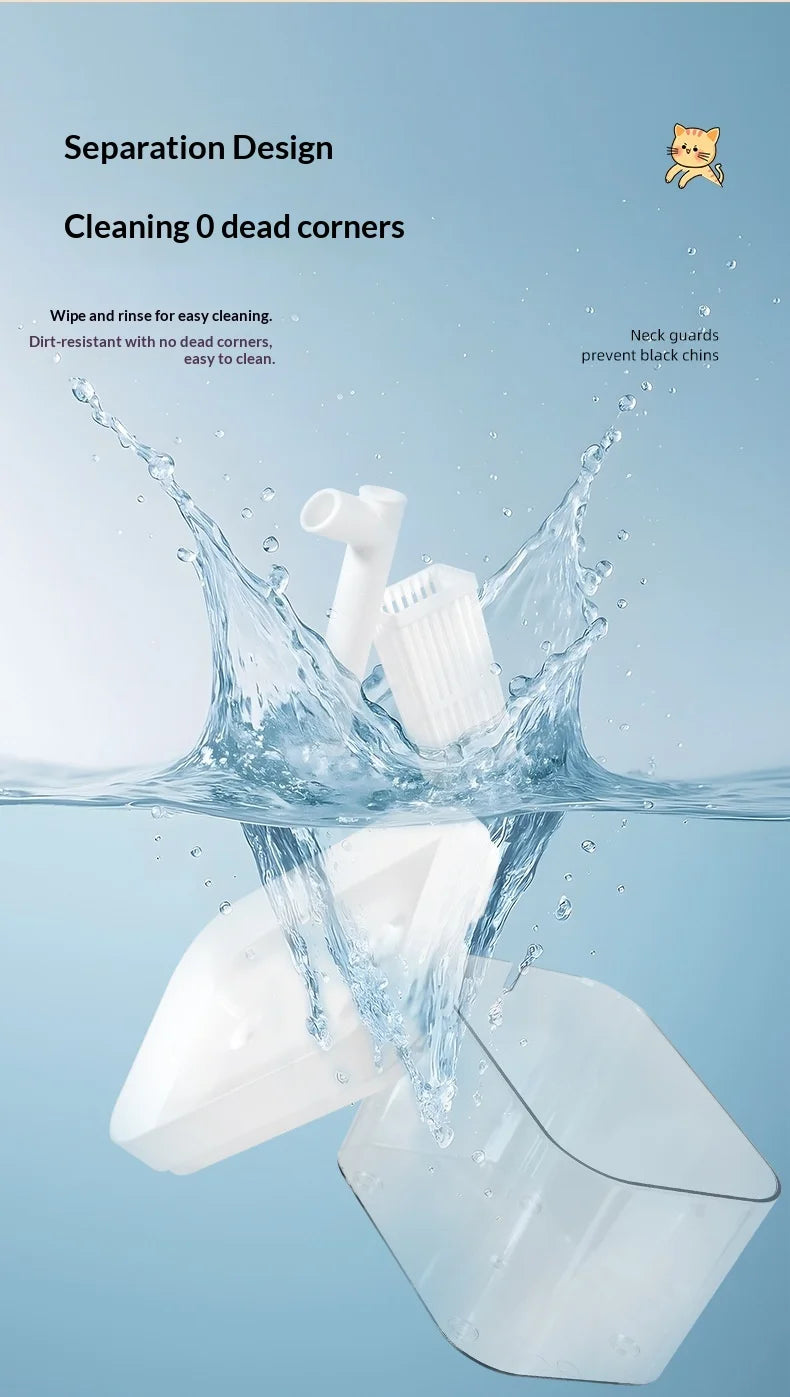 White automatic pet water fountain components splashing in water to highlight the easy-to-clean, seamless design.