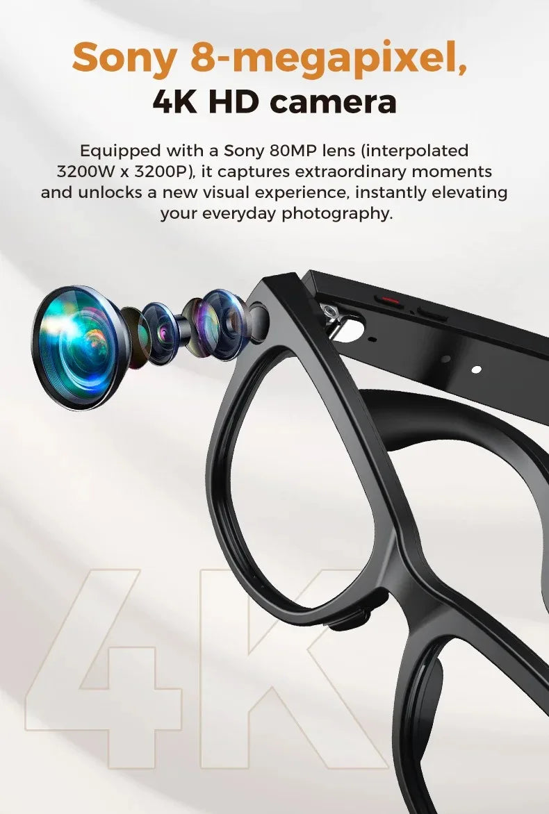 Close-up of sleek black smart recording glasses, highlighting the integrated 4K camera lens technology.