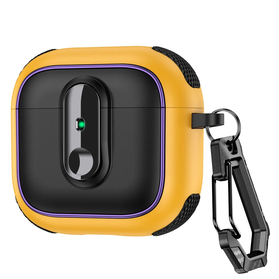 Rugged black and yellow silicone AirPods 3 case with a carabiner clip and LED indicator visibility.