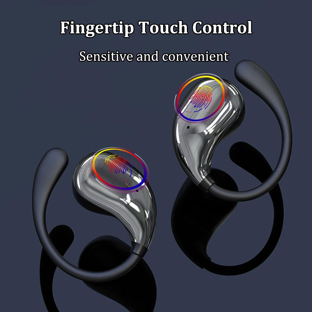 Two sleek, metallic silver ear hooks with integrated touch controls on a dark background.