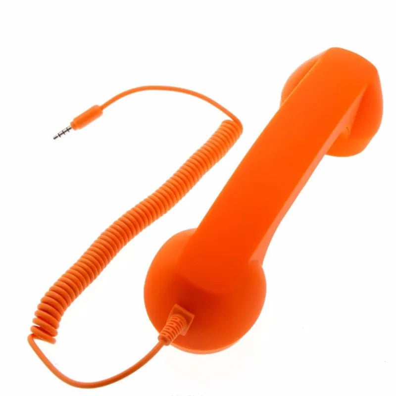 Bright orange retro-style telephone handset with a coiled cable and a 3.5mm jack for smartphones and devices.