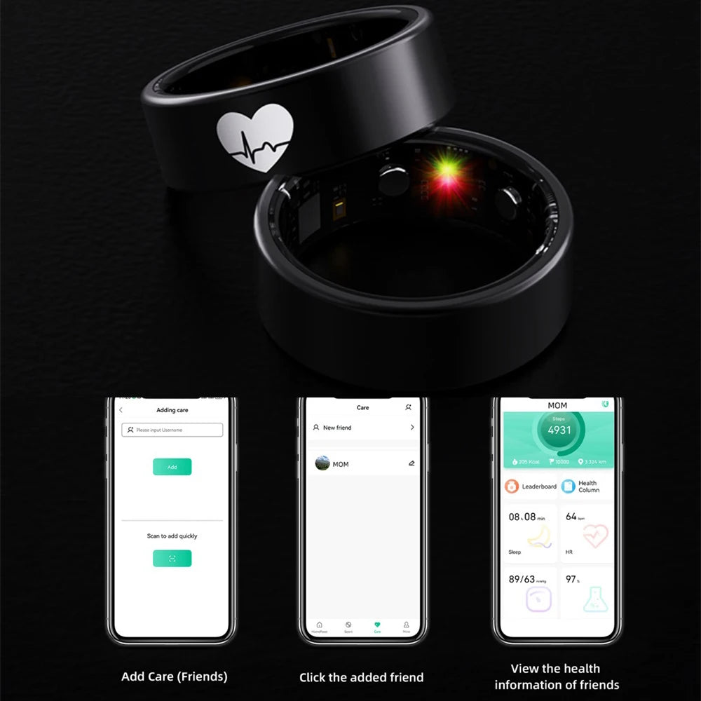 Sleek black health-tracking smart ring with heart icon, showing internal LED sensors and companion app health interface.