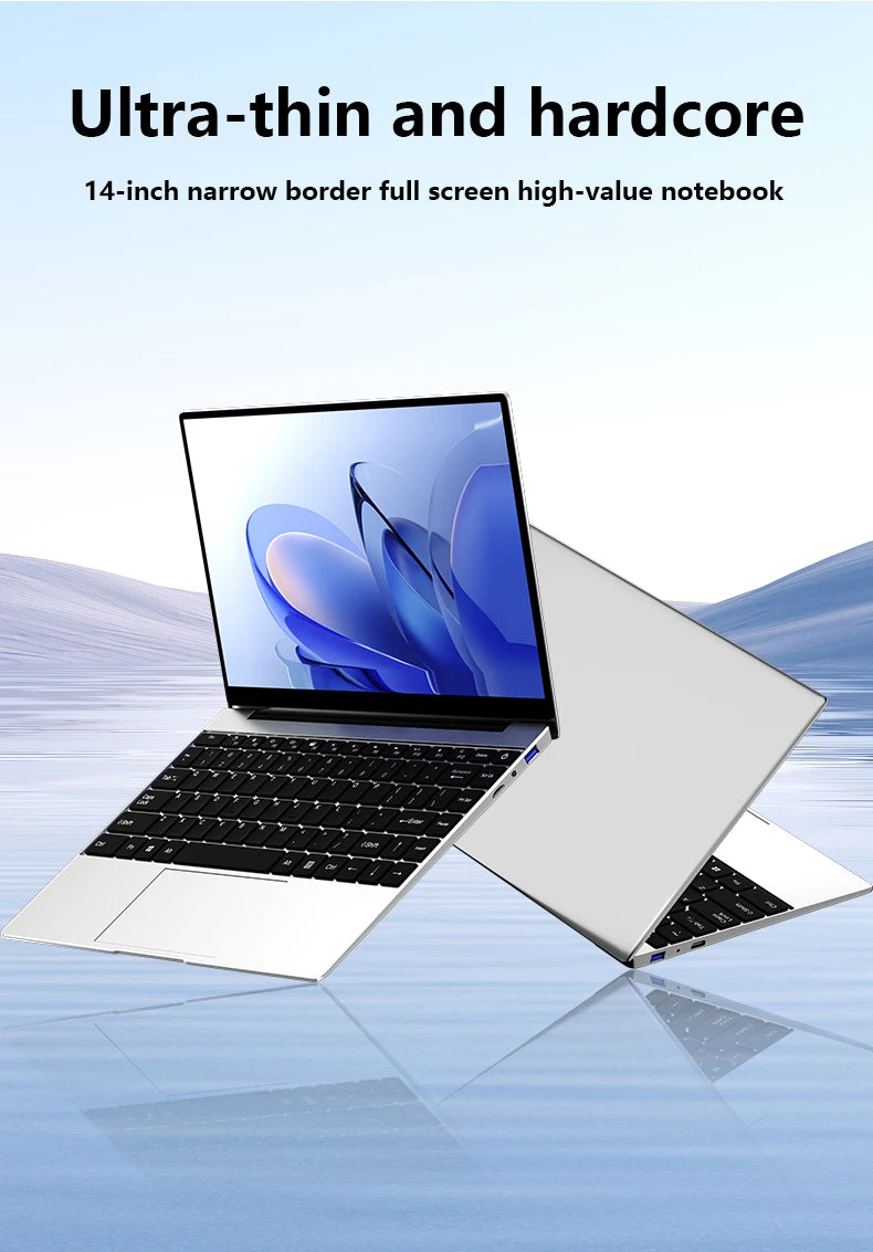 An ultra-slim, silver 14.1-inch laptop with a narrow-bezel screen, black keyboard, and metallic finish.