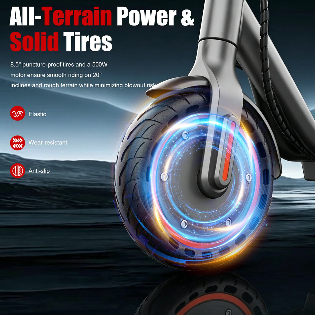 Gray electric scooter front wheel with 8.5-inch solid, treaded tire and glowing power effect.