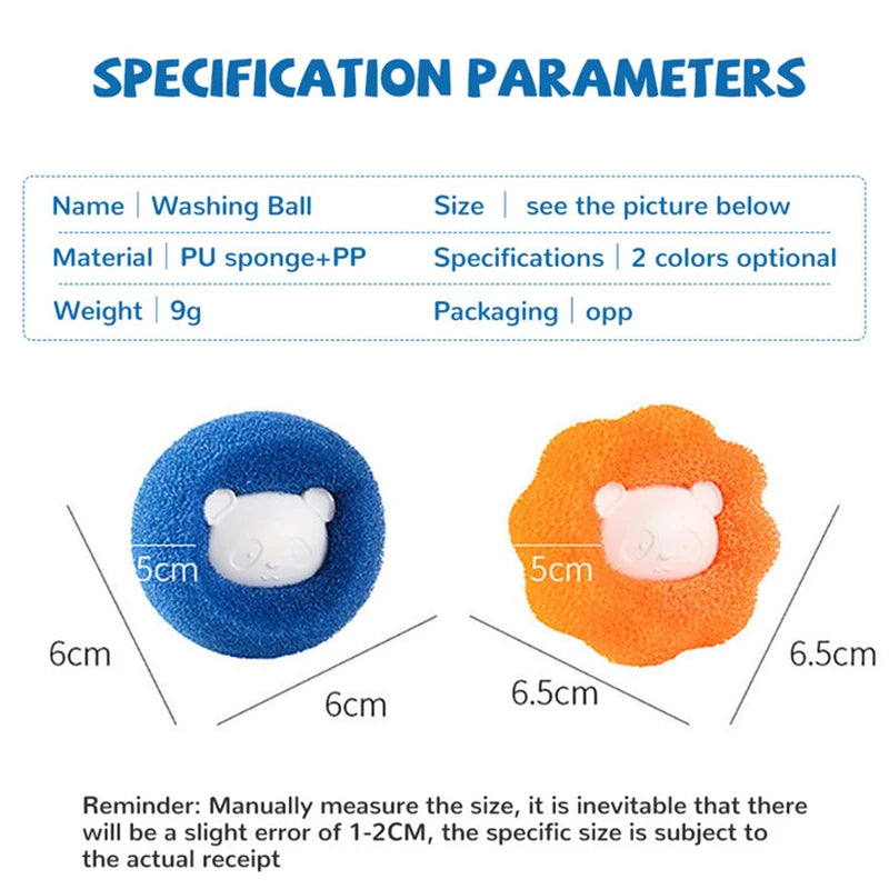 Blue and orange sponge washing balls with cute white panda motifs, including size dimensions and specifications.