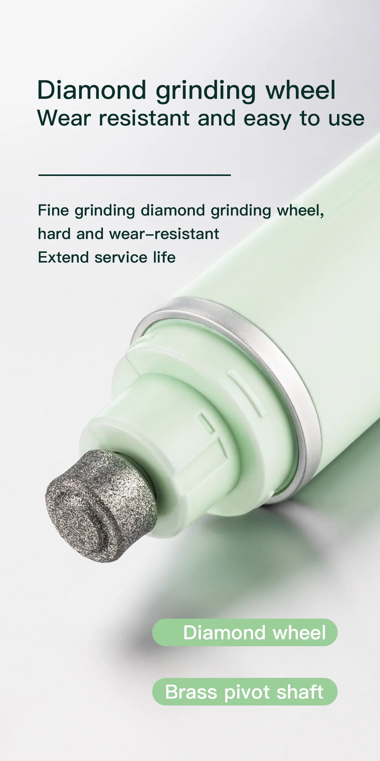 Close-up of a pastel green electric pet nail grinder featuring a durable, textured diamond grinding wheel.