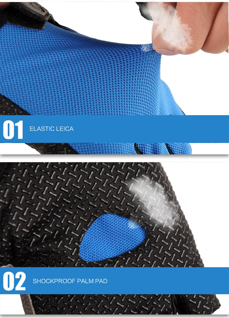 Close-up of blue sports gloves featuring elastic fabric and a textured, shockproof black palm pad.