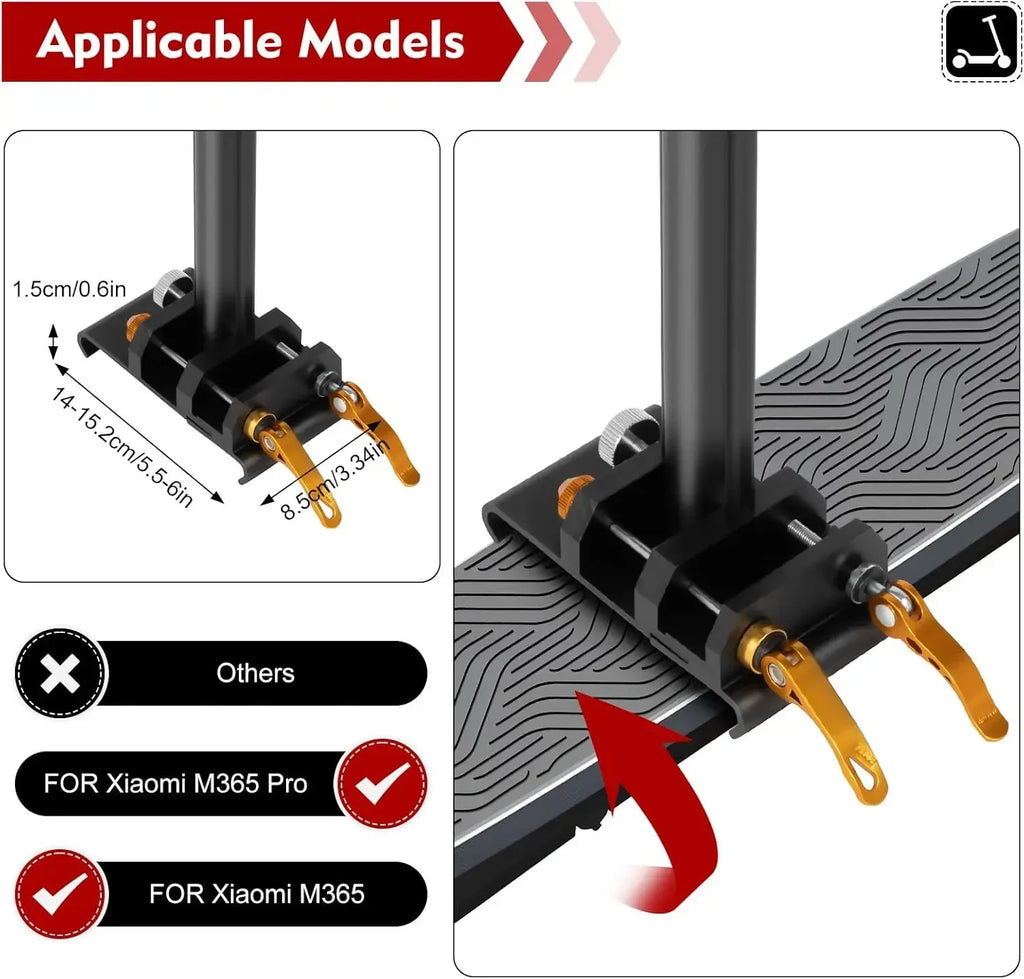 Black folding electric scooter seat clamp with dual gold quick-release levers mounted on a scooter deck.