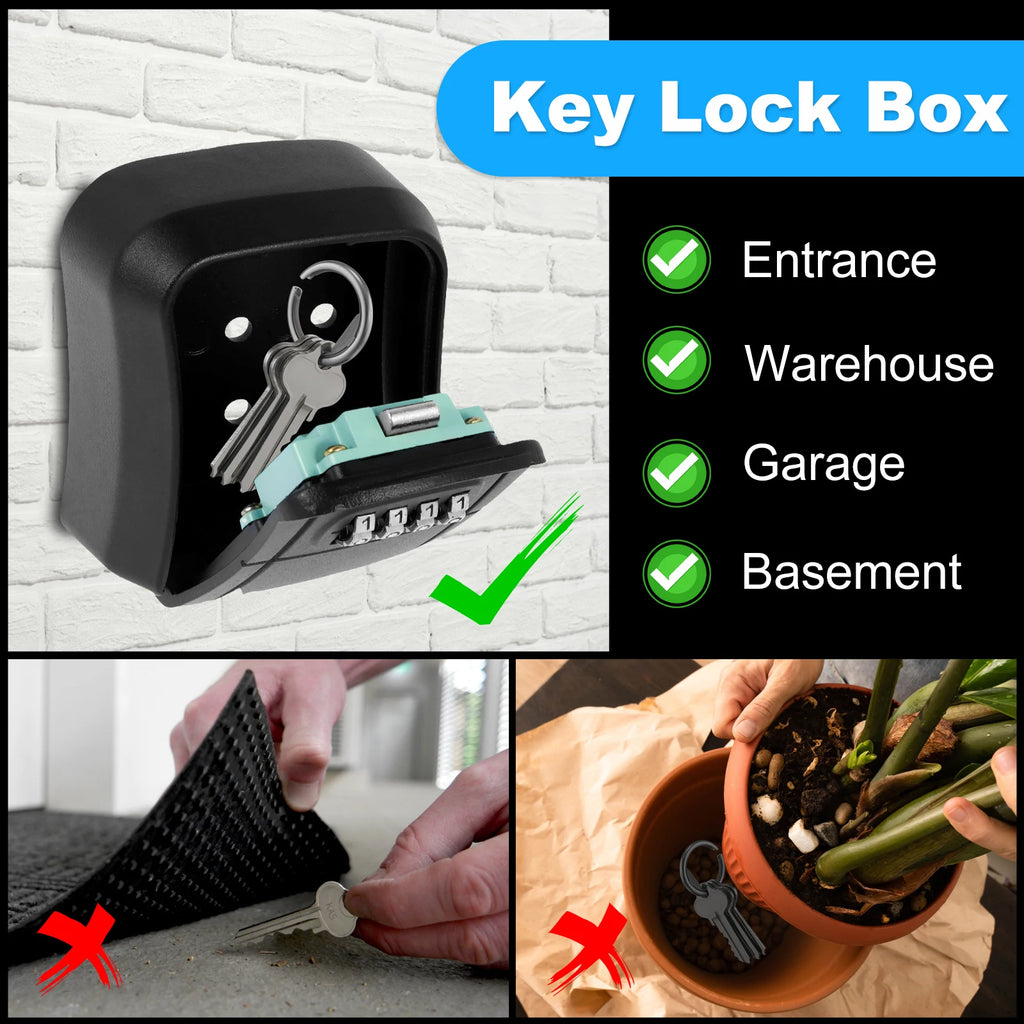 Black wall-mounted metal key lock box with a 4-digit combination dial, compared to insecure hidden key locations.