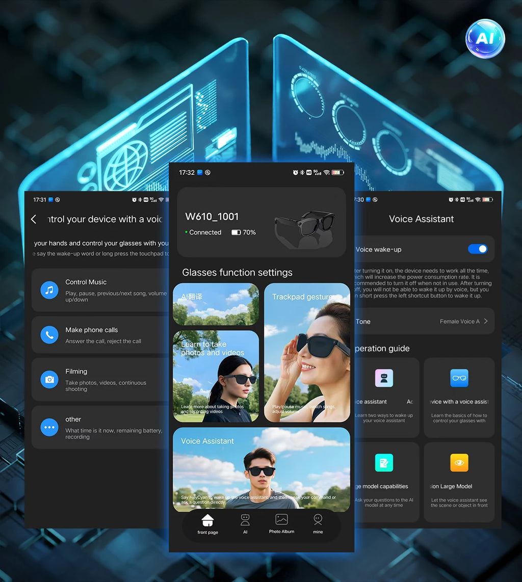 Black smart glasses on a mobile app interface showing camera, voice assistant, and music control settings.