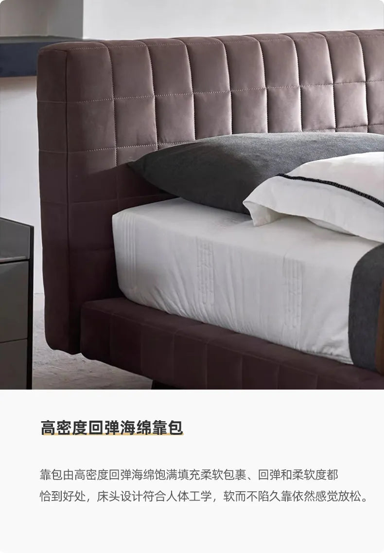 Modern Nordic upholstered bed frame in dark brown, featuring a tall, square-quilted cushioned headboard.