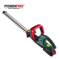 Green and black cordless POSENPRO hedge trimmer with long metal blade, safety guard, and red wrap-around handle.
