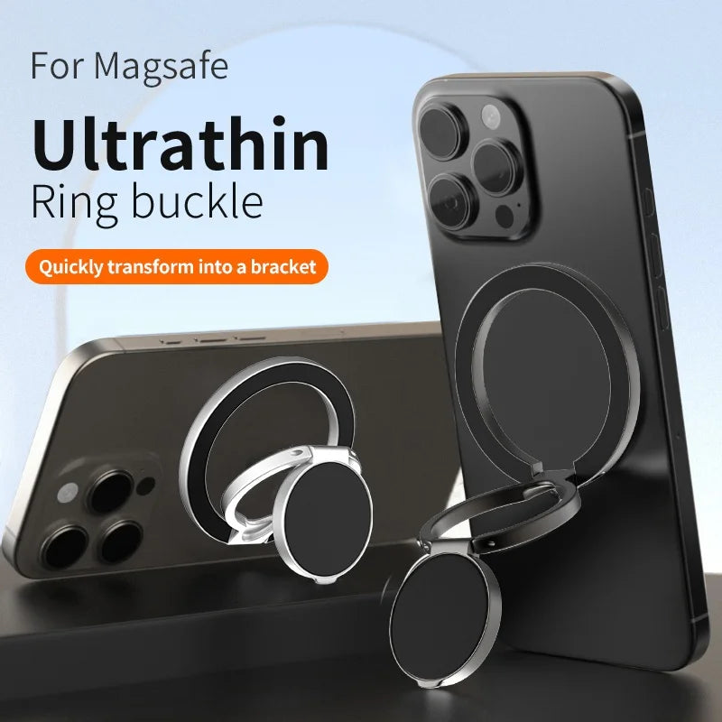 Ultrathin black and silver magnetic ring buckle phone holder that folds into a stand, attached to a smartphone.