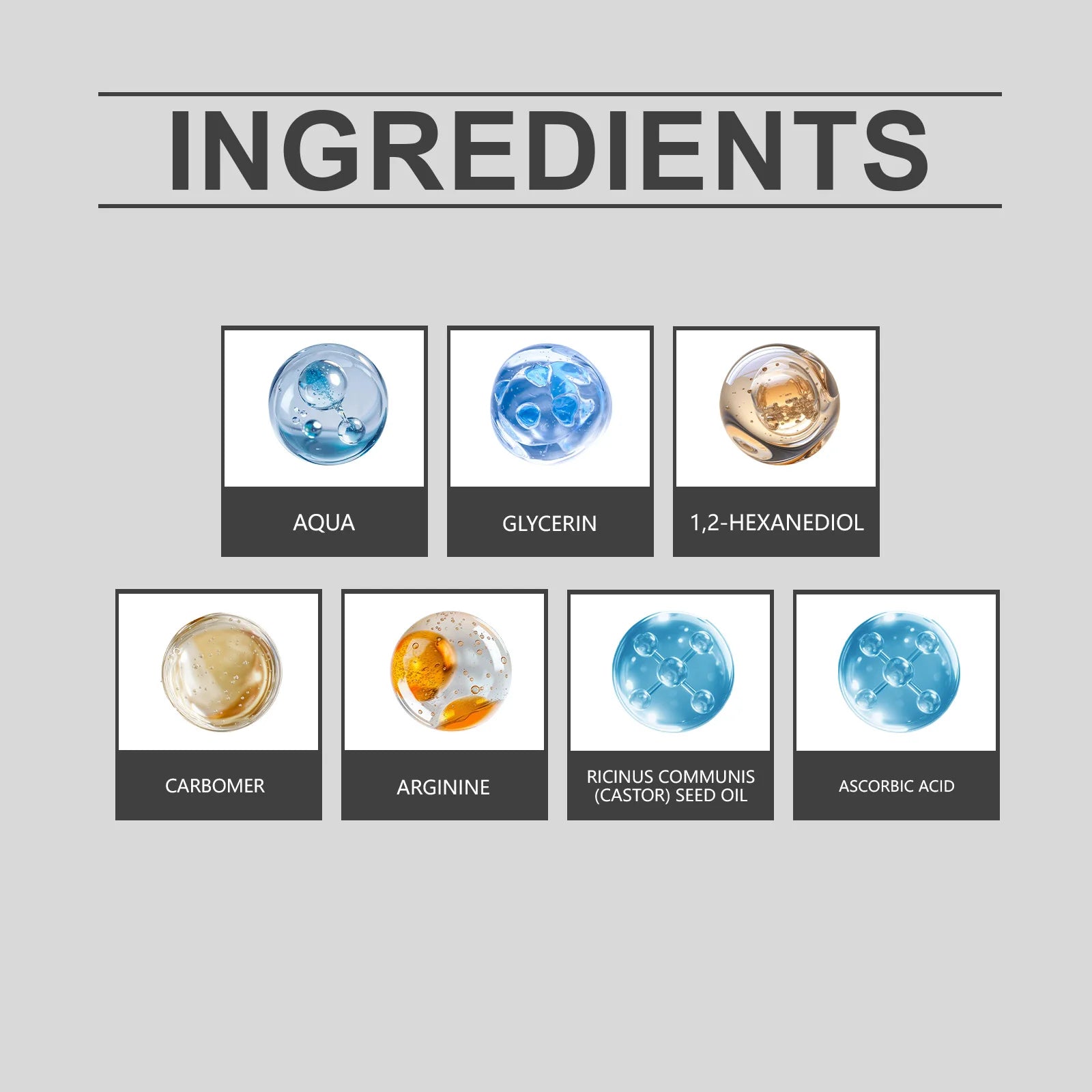 Ingredient list chart displaying seven labelled circular icons representing skincare components on a grey background.