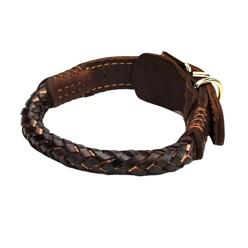 Dark brown braided real leather dog collar with gold-tone metal buckle and reinforced stitching.