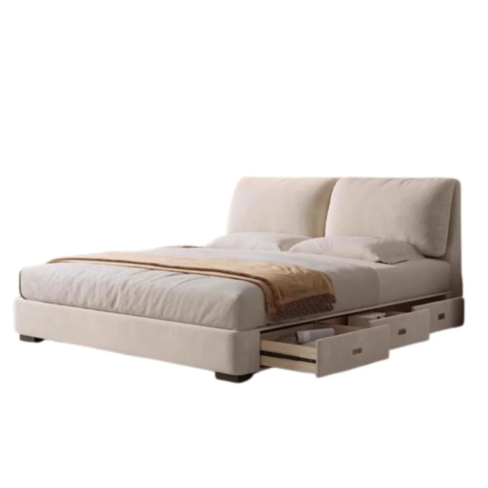 Modern beige upholstered storage bed with a soft padded headboard and integrated side drawers.