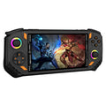 Black handheld retro game console with 5.5-inch IPS screen, dual joysticks with RGB rings, d-pad, and ABXY buttons.