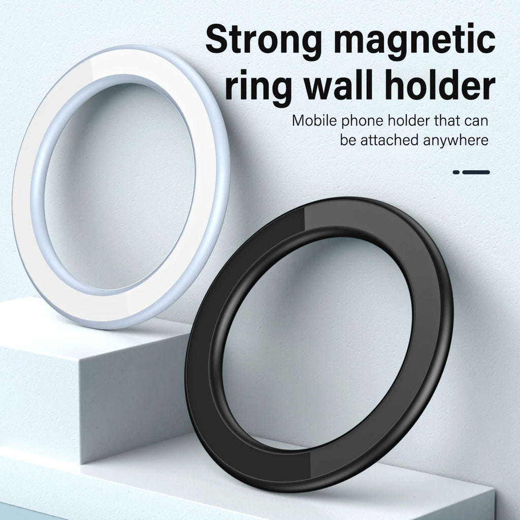 Two circular magnetic phone holders, one white and one black, displayed on white steps.