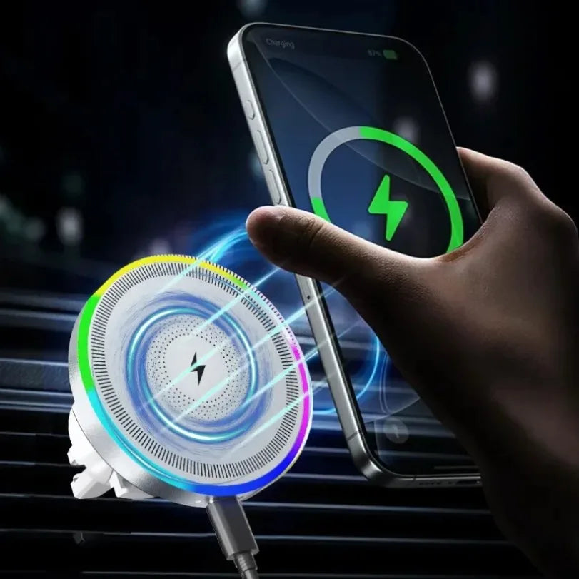Magnetic wireless car charger with silver circular design, RGB ring light, and blue neon effect, charging a smartphone.