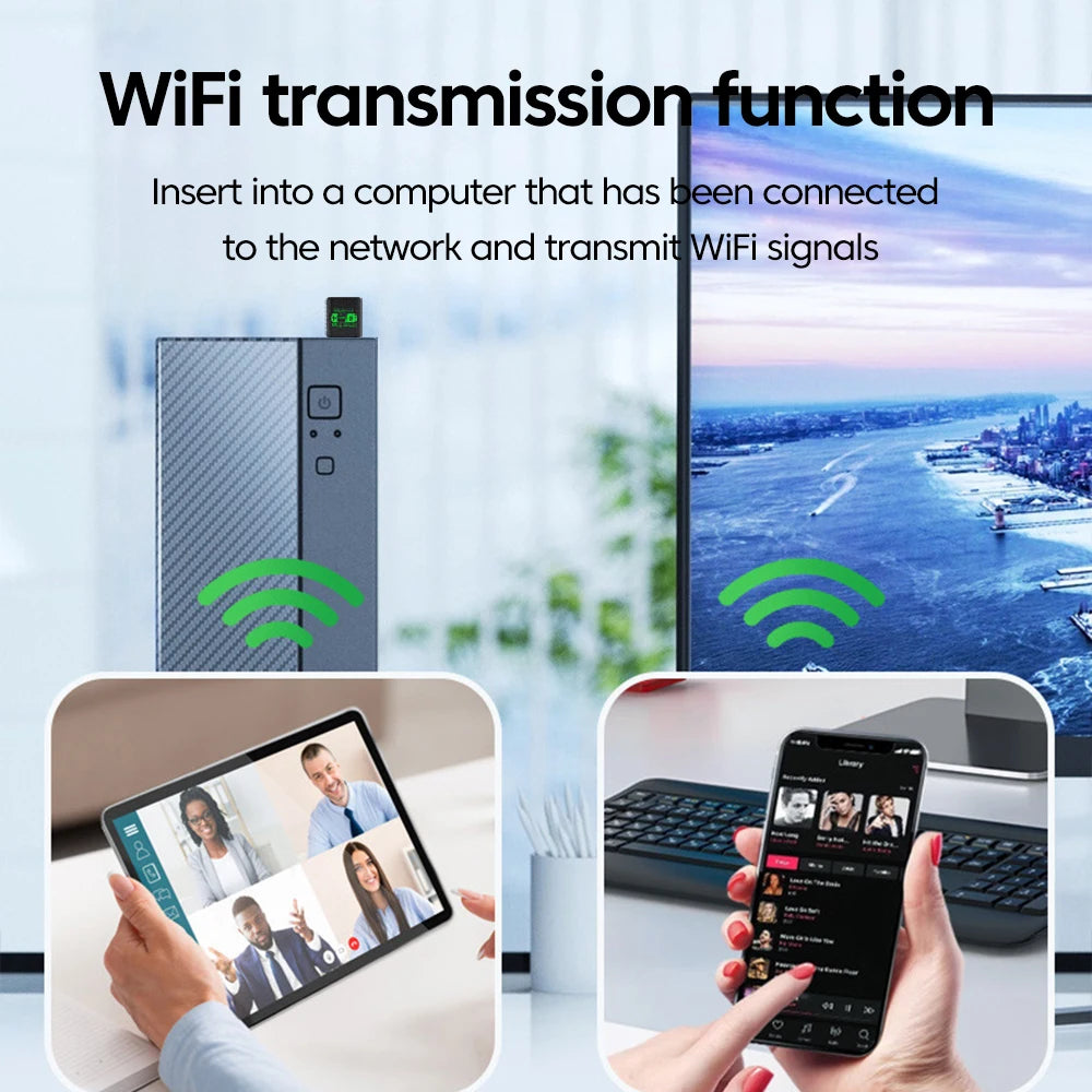 Black WiFi 6 AX900 USB adapter with Bluetooth 5.4, shown plugged into a computer to share a wireless signal.
