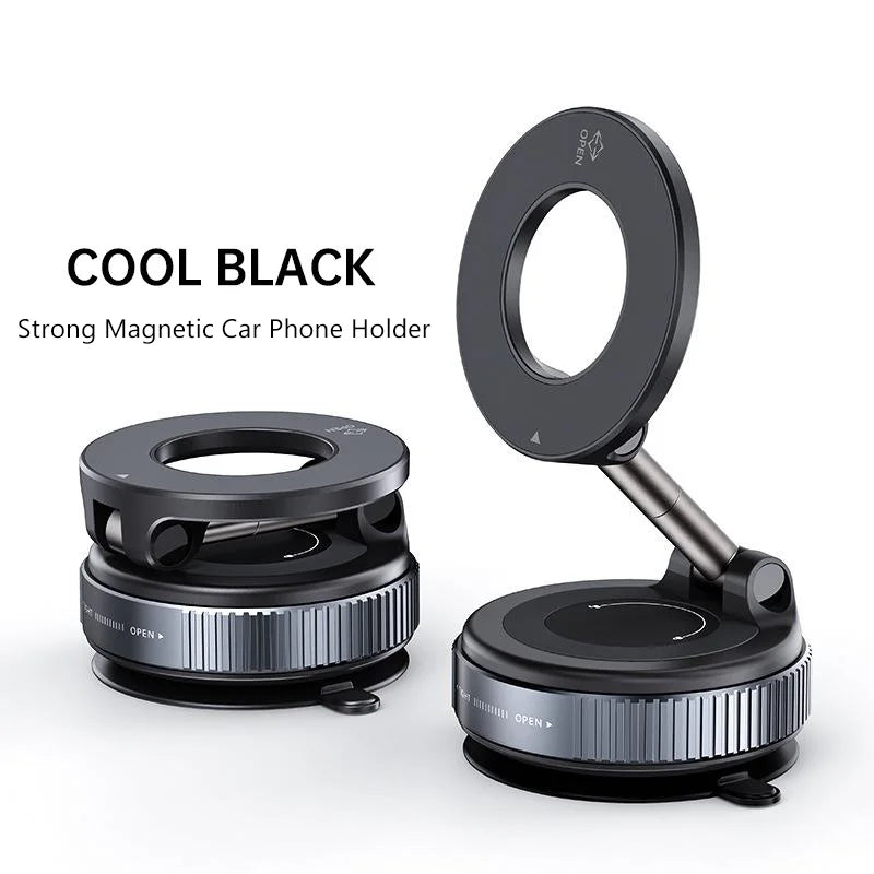Black magnetic car phone holder with a circular, foldable design and textured metallic base, shown in two positions.