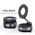 Black magnetic car phone holder with a circular, foldable design and textured metallic base, shown in two positions.