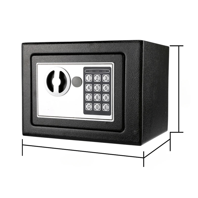 Small black steel security safe with a silver digital keypad and manual rotary lock mechanism.