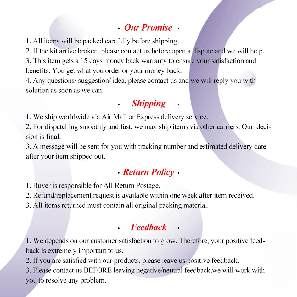 Store policy information document detailing shipping, returns, feedback, and customer satisfaction guarantees.