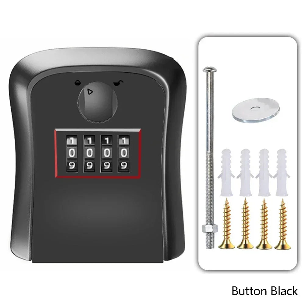 Black wall-mounted metal key lock box with a four-digit combination dial and included mounting screws and anchors.
