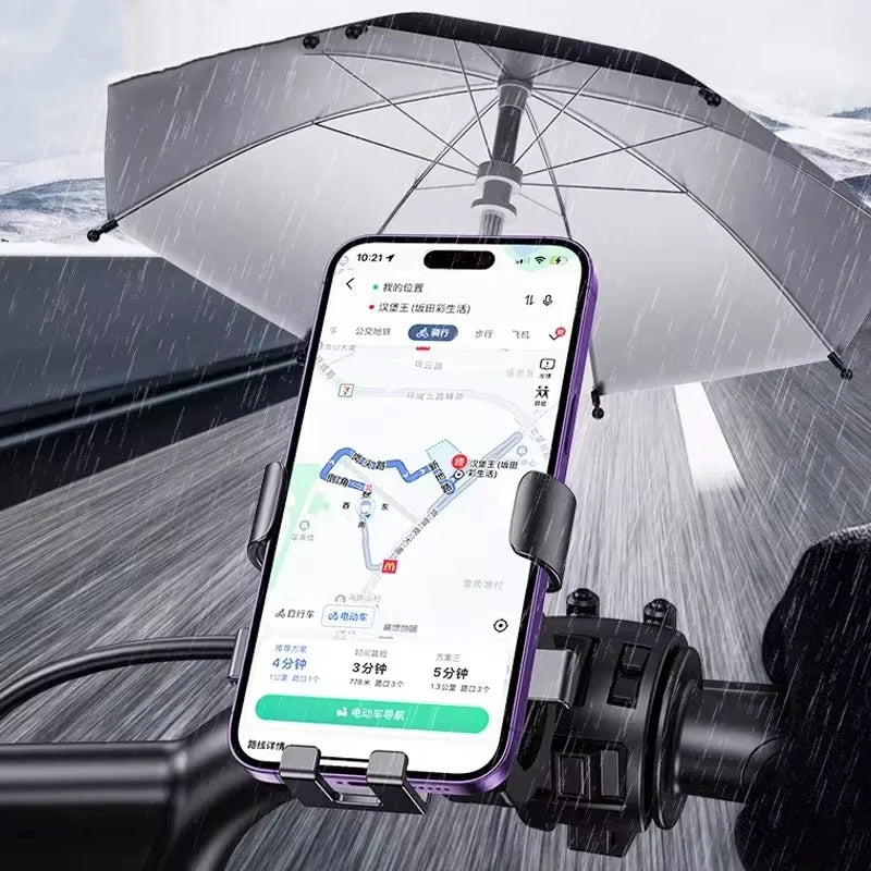 Black bicycle phone mount with a protective silver rain umbrella, keeping your device dry while navigating.
