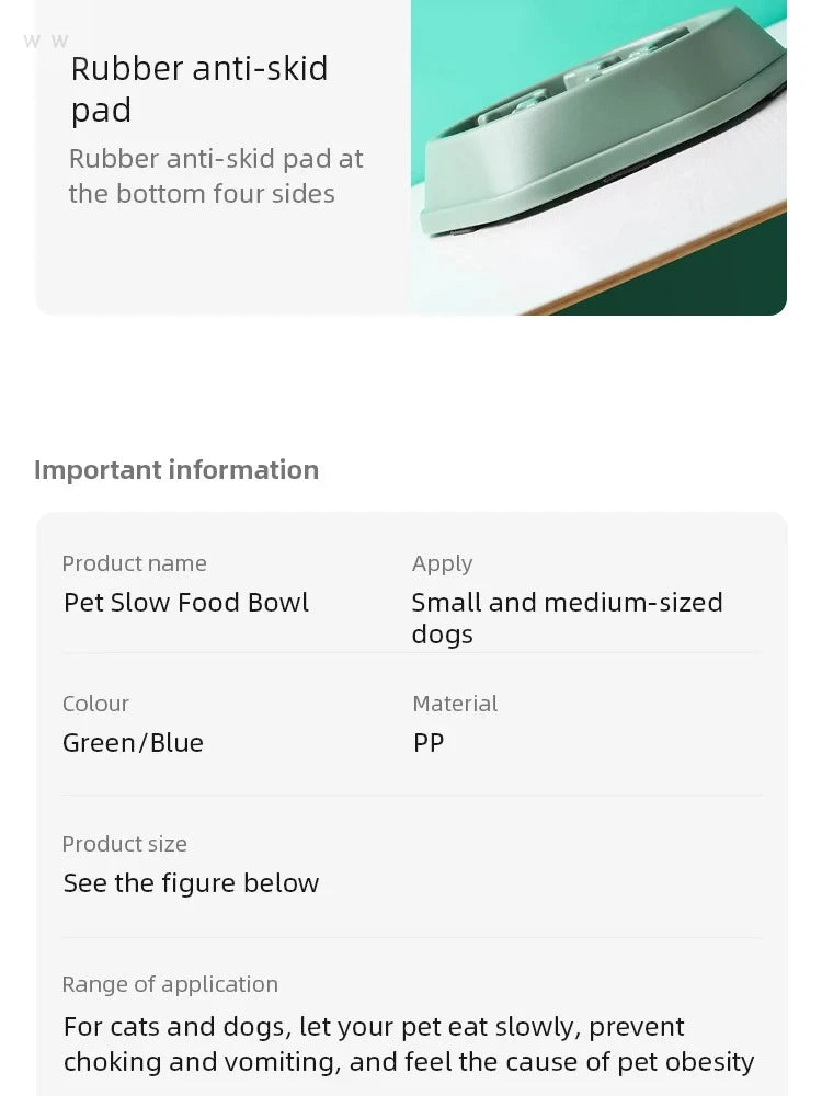Green and blue plastic slow-feeder pet bowl for small and medium dogs, featuring a rubberized anti-skid base.