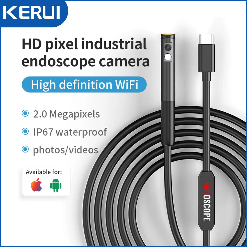 Black industrial inspection endoscope camera with a long cable, USB connector, and high-definition waterproof lens.