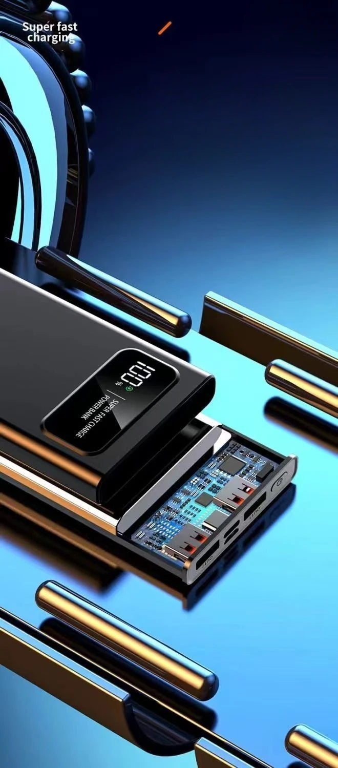 Sleek black 20,000mAh power bank showing internal circuitry, multiple charging ports, and a digital 100% battery display.