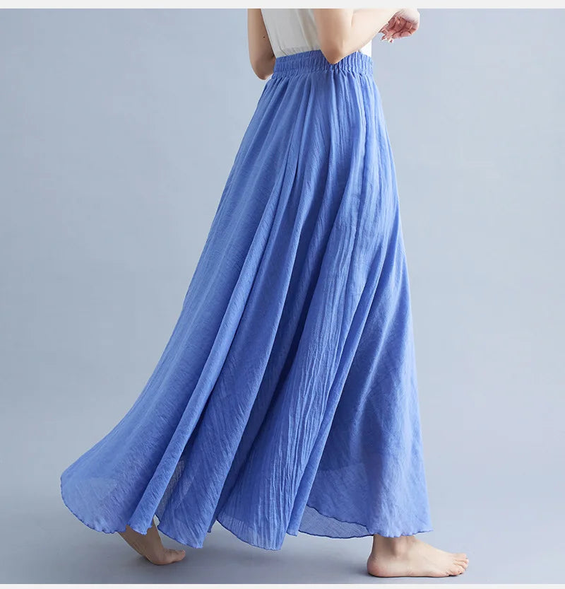 Blue flowy maxi skirt with an elasticated waistband and textured, lightweight fabric.