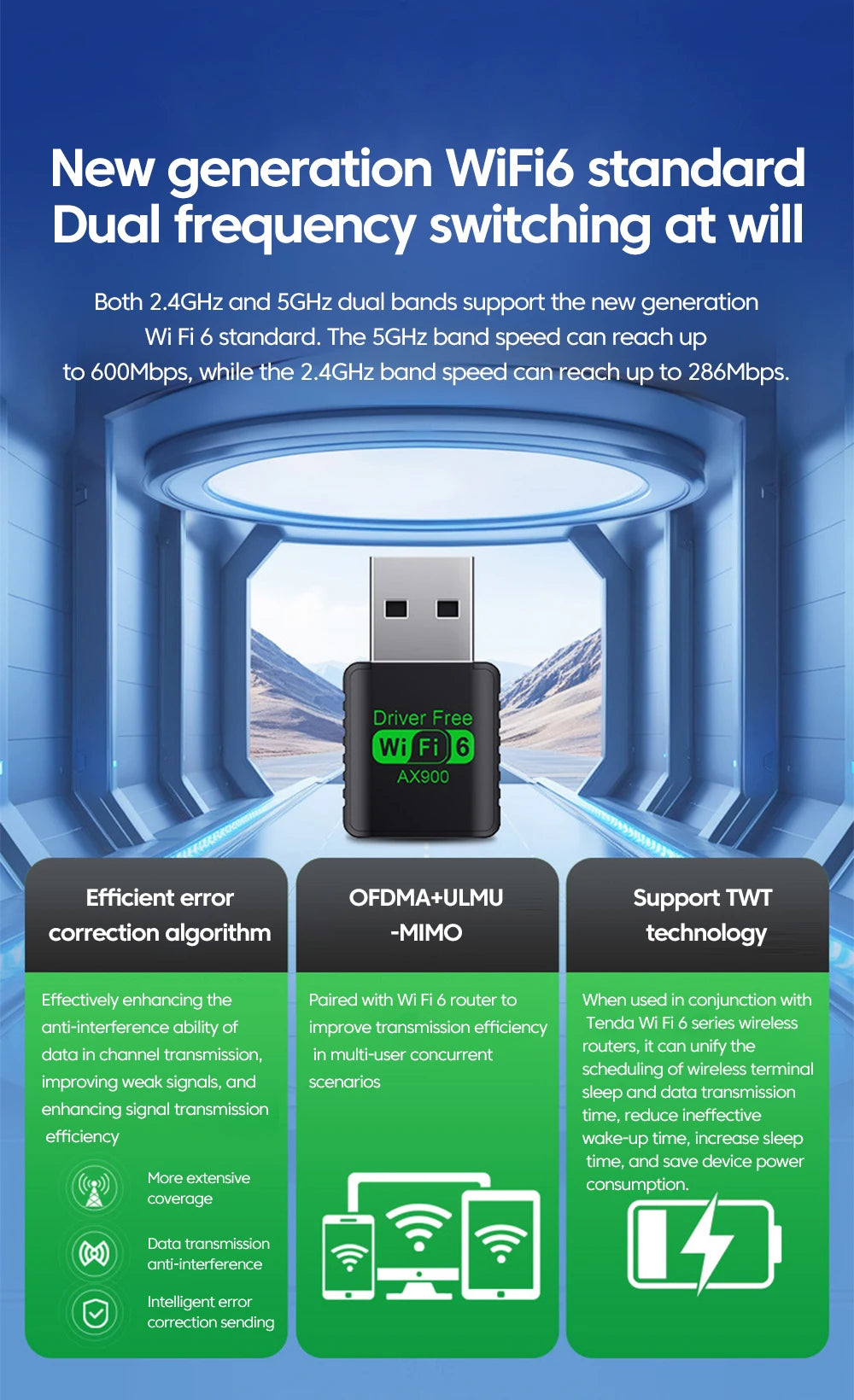 Compact black USB WiFi 6 and Bluetooth adapter with green text against a futuristic blue digital background.