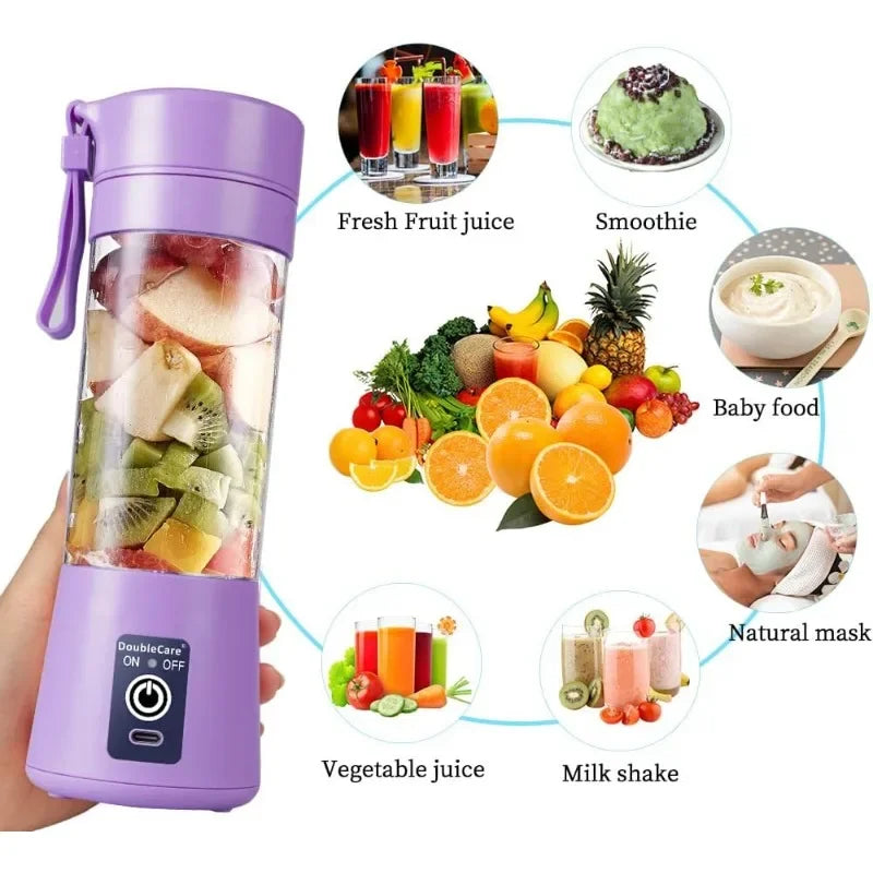 Portable purple electric blender bottle with fruit inside, surrounded by examples of food and drinks it can prepare.