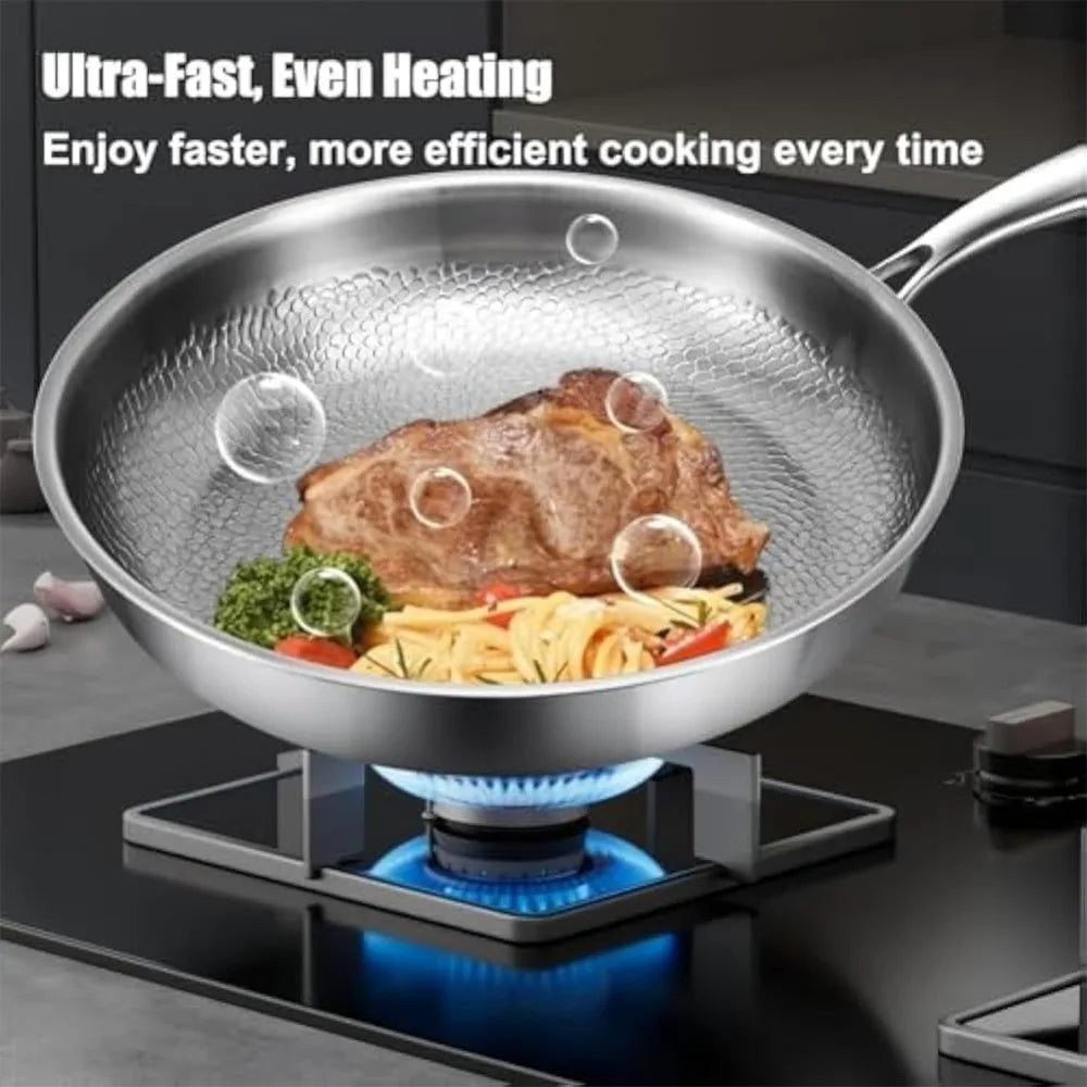 Stainless steel frying pan on gas stove, cooking meat, pasta, and vegetables. Text overlay included.