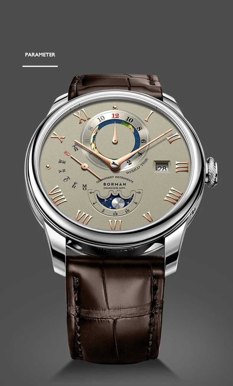 Men’s mechanical watch with a beige dial, rose gold Roman numerals, moon phase, world time, and brown leather strap.