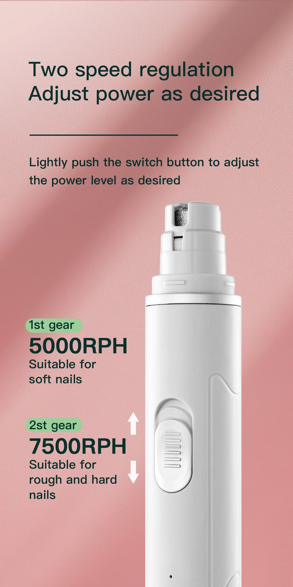 White electric pet nail grinder with two adjustable speed settings for soft or hard nails on a pink background.