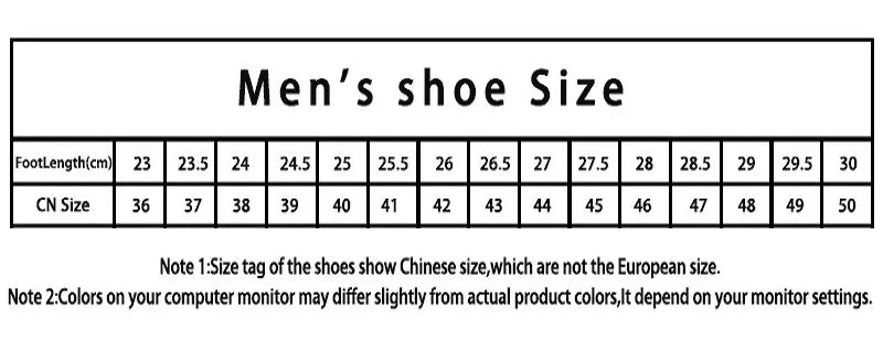Size guide chart for men’s steel toe work trainers showing foot length in centimetres compared to shoe size.