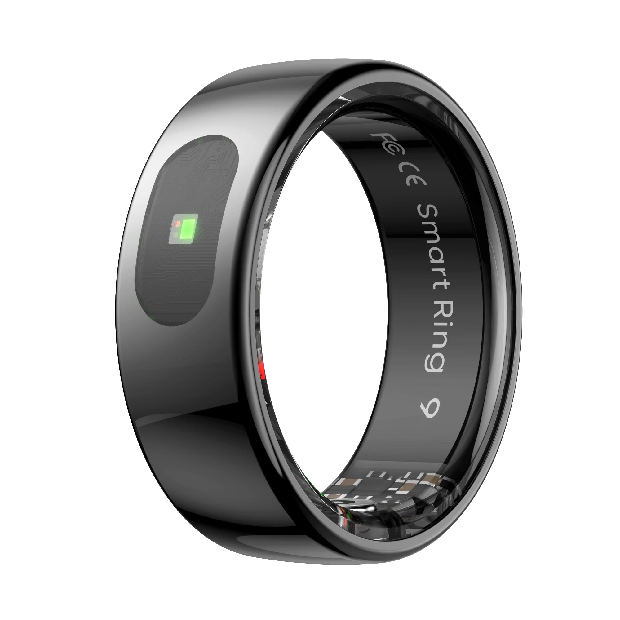 A sleek, polished black smart health tracking ring with internal biosensors and a glowing green monitor light.