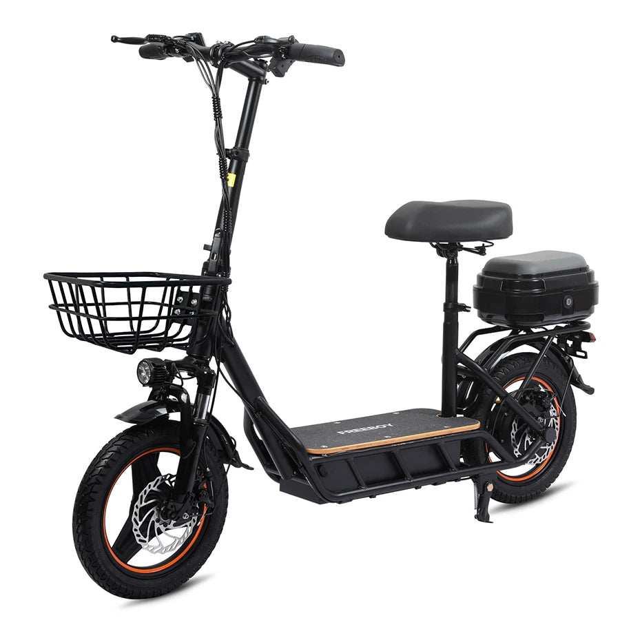 Black FREEBOY H14 electric scooter with seat, front basket, rear storage box, and orange wheel accents.