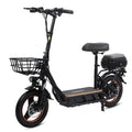 Black FREEBOY H14 electric scooter with seat, front basket, rear storage box, and orange wheel accents.