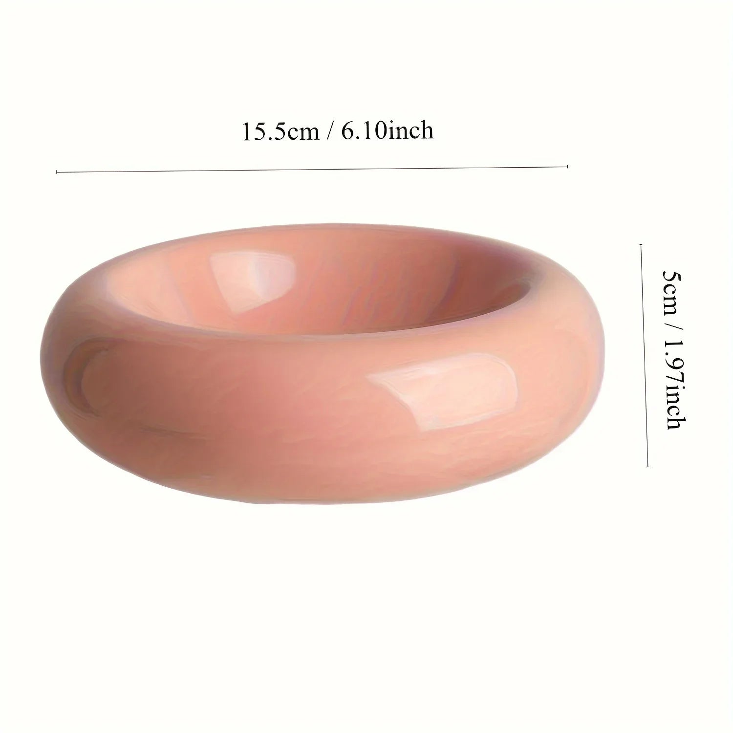 A smooth, round, dusty-pink ceramic cat feeding bowl with dimensions shown on a plain white background.