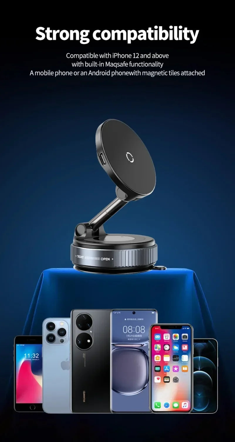 A sleek black, adjustable magnetic phone stand on a base, shown with various smartphones on a blue background.