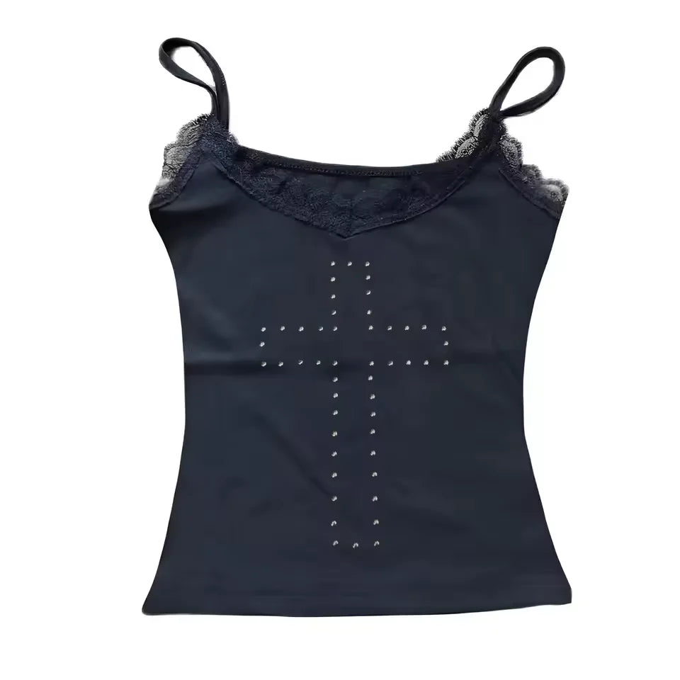 Black camisole top with lace trim, spaghetti straps, and a front crystal-embellished cross design.