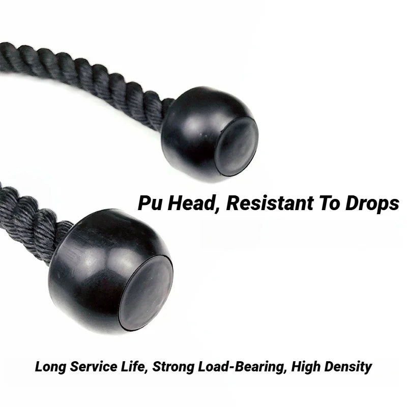 Black tricep pull rope attachment featuring two durable, high-density, drop-resistant rounded ends.