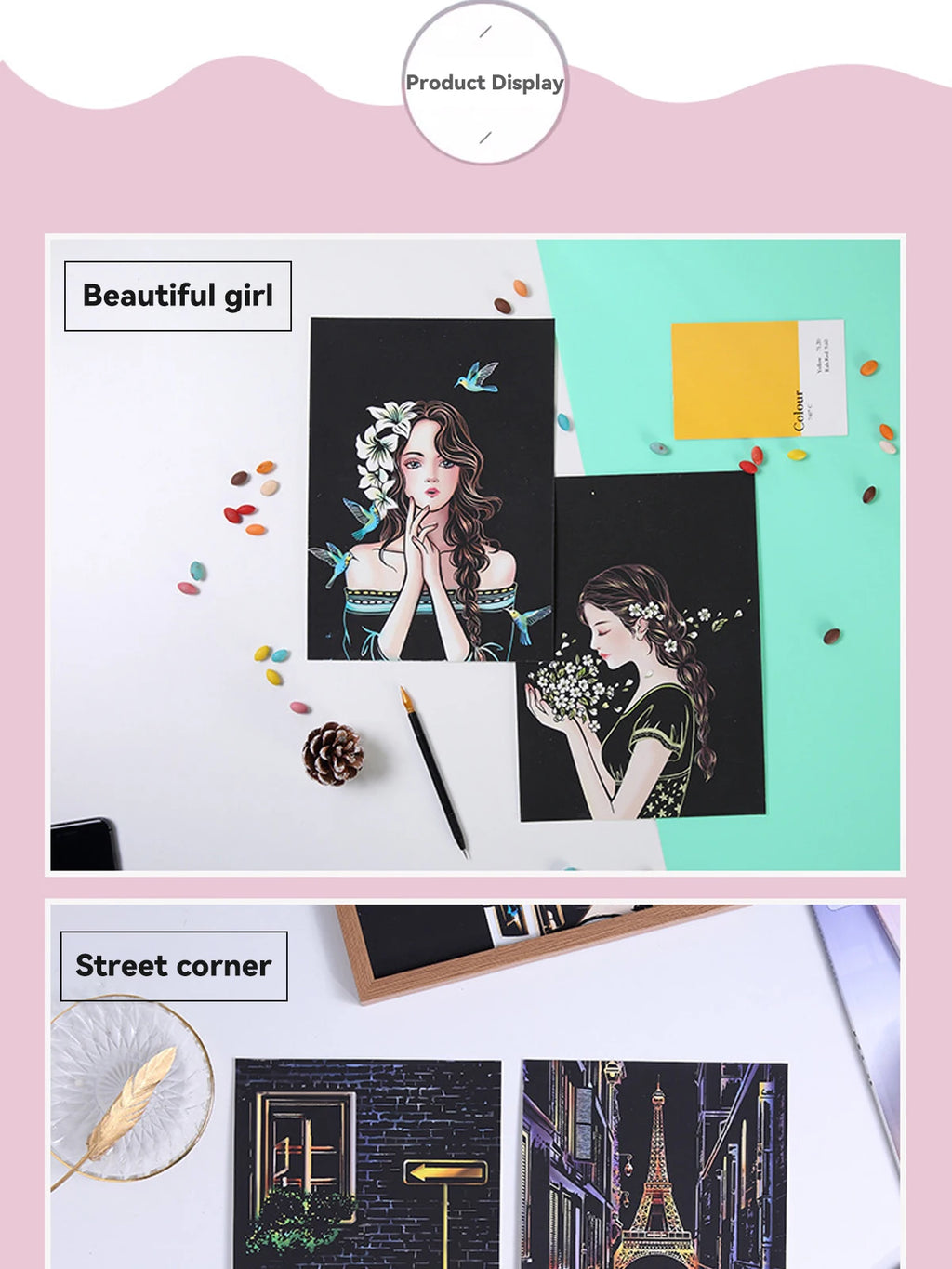 Two black art cards featuring illustrations of a woman with flowers and a city street scene with the Eiffel Tower.