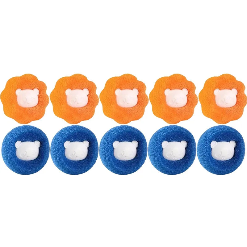 Ten laundry cleaning balls, each with a white bear-shaped centre, in orange flower and blue circular shapes.