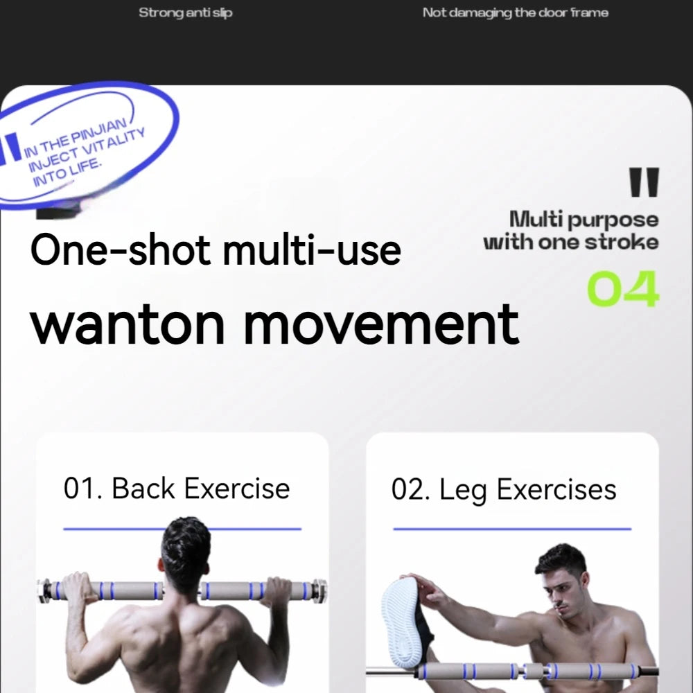 Black and blue non-slip fitness door pull-up bar being used for back and leg exercises.